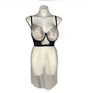 CACIQUE Babydoll Slip Dress Black Cream Lace Padded Sheer Skirt Size 42 DD